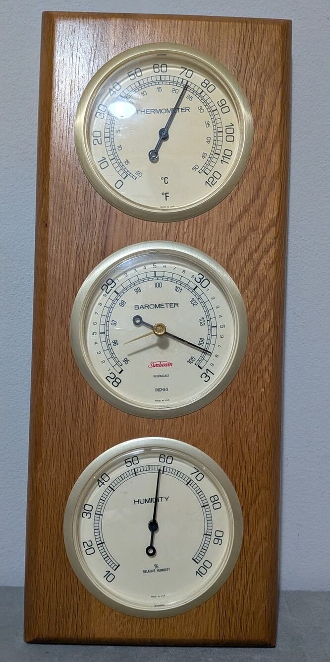Vintage Sunbeam Weather Station Thermometer Barometer Hygrometer WoodWall Plaque